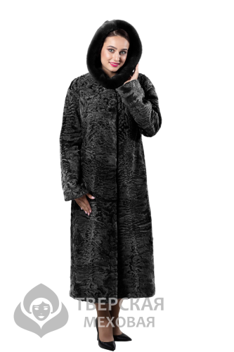 Шуба из каракуля "Римма" капюшон черный 110